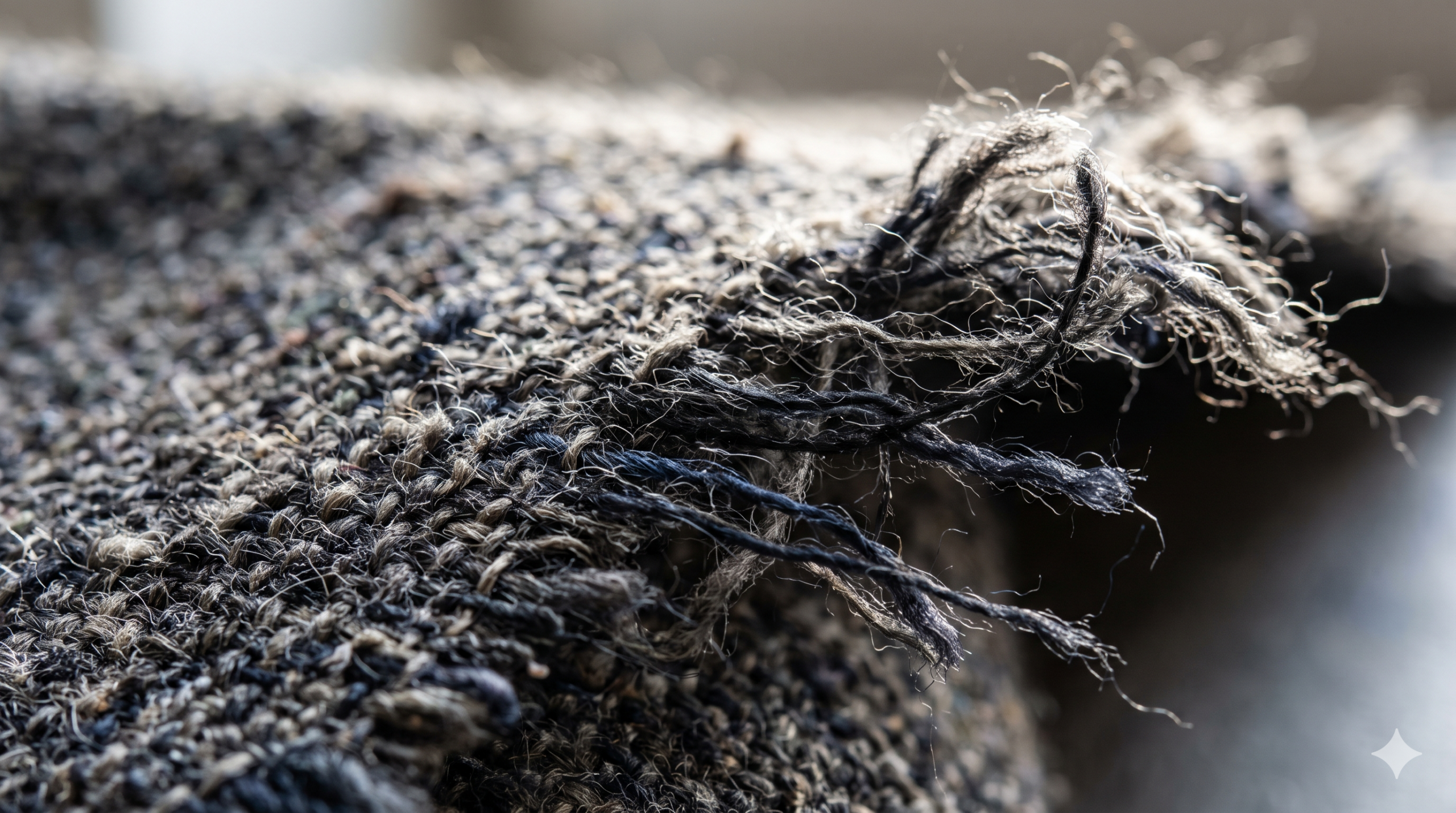 Cut edge of a woven coating fabric with threads fraying loose